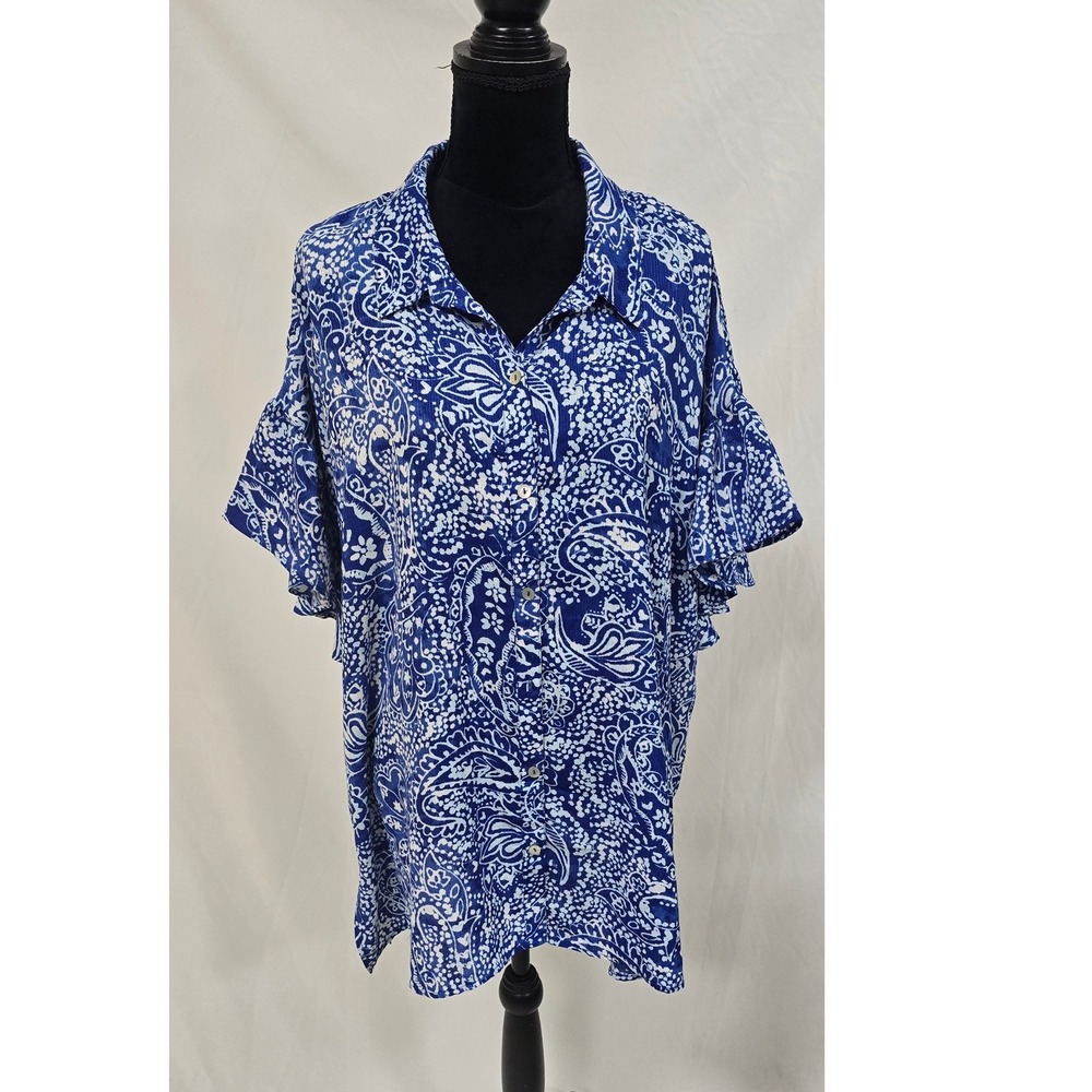 Susan Graver women plus size 2X blue gauze button front short sleeve blouse boho